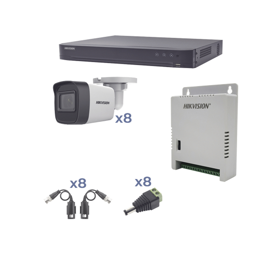 KH1080P8BW|KIT TurboHD 1080p / DVR 8 Canales / 8 Cámaras Bala (exterior 2.8 mm) / Transceptores / Conectores / Fuente de Poder Profesional hasta 15 Vcc para Larga Distancia