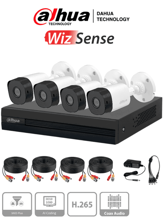DAHUA KITXVR1B04-I1MP-2.8 - Kit de 4 Canales de 1 Megapixel/ 4 C?ímaras B1A11 con Lente de 2.8mm/ 93 Grados de Apertura/ 4 CH+1 IP o Hasta 5 CH IP/ SMD Plus/ B??squeda de Humanos y Veh?¡culos/ Accesorios Incluidos/