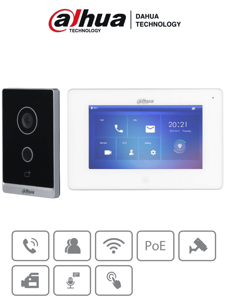 DAHUA KTW01 - Kit de Videoportero WiFi/ Monitor con Pantalla de 7"/ 6 Entradas de Alarmas/ 8 Zonas de Alarma Inal?ímbricas/ Ranura MicroSD/ Graba y Captura Im?ígenes/ Camara de 2MP con WDR Real e IR/ Controla 2 Puertas/ Apertura con Tarjeta/