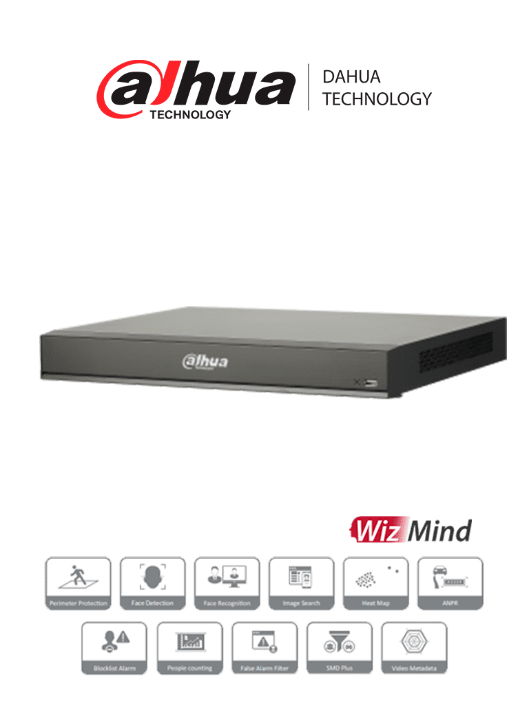 DAHUA DHI-NVR5216-16P-I/L - NVR de 16 Canales 4k/ WizMind/ 16 Puertos PoE/ H.265+/ 4 Canales de Reconocimiento Facial/ 20 Bases de Datos de Rostros/ 2 Bah?¡as de Discos Duros/ Rendimiento de 320 Mbps/ 4&2 E&S de Alarma