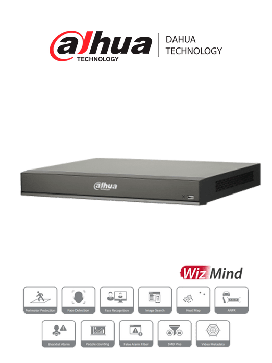 DAHUA DHI-NVR5216-16P-I/L - NVR de 16 Canales 4k/ WizMind/ 16 Puertos PoE/ H.265+/ 4  Canales de Reconocimiento Facial/ 20 Bases de Datos de Rostros/ 2 Bah?¡as de Discos Duros/ Rendimiento de 320 Mbps/ 4&2 E&S de Alarma