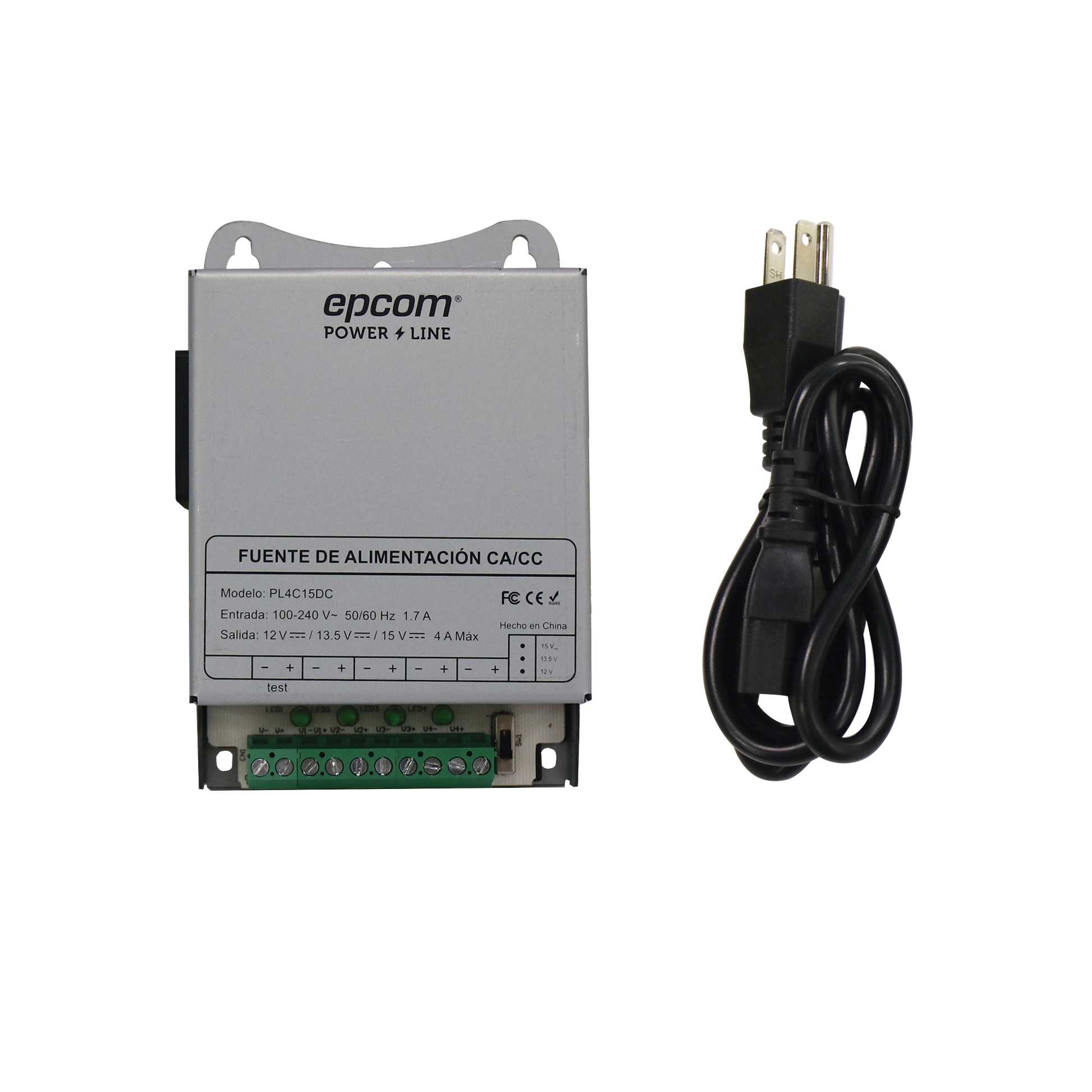 PL-4C-15DC|Fuente de Poder Met?ílica / Para 4 C?ímaras / Ajustables a 12 o 13.5 o 15 Vcc / 4 Amperes / Instalaci??n en Pared o Riel Din