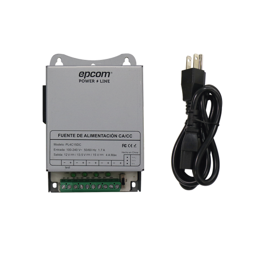 PL-4C-15DC|Fuente de Poder Met?ílica / Para 4 C?ímaras / Ajustables a 12 o 13.5 o 15 Vcc / 4 Amperes / Instalaci??n en Pared o Riel Din