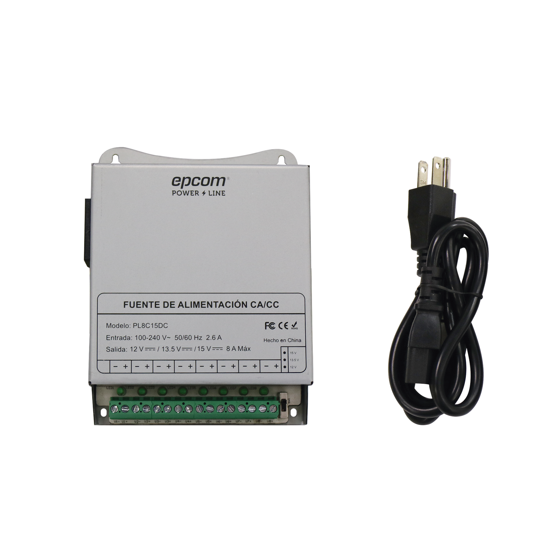 PL-8C-15DC|Fuente de Poder Met?ílica / Para 8 C?ímaras / Ajustables a 12 o 13.5 o 15 Vcc / 8 Amperes / Instalaci??n en Pared o Riel Din