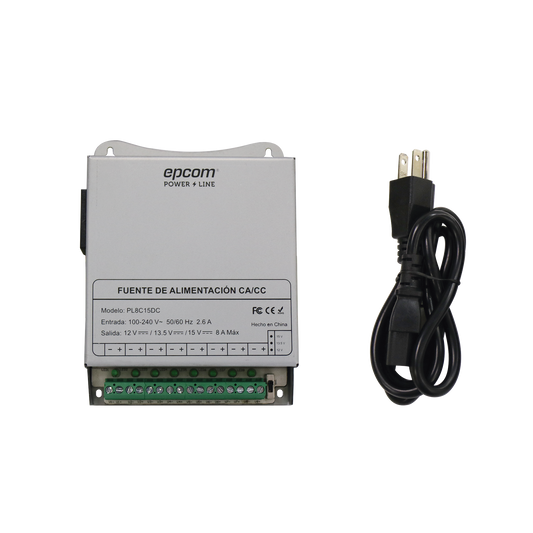 PL-8C-15DC|Fuente de Poder Met?ílica / Para 8 C?ímaras / Ajustables a 12 o 13.5 o 15 Vcc / 8 Amperes / Instalaci??n en Pared o Riel Din