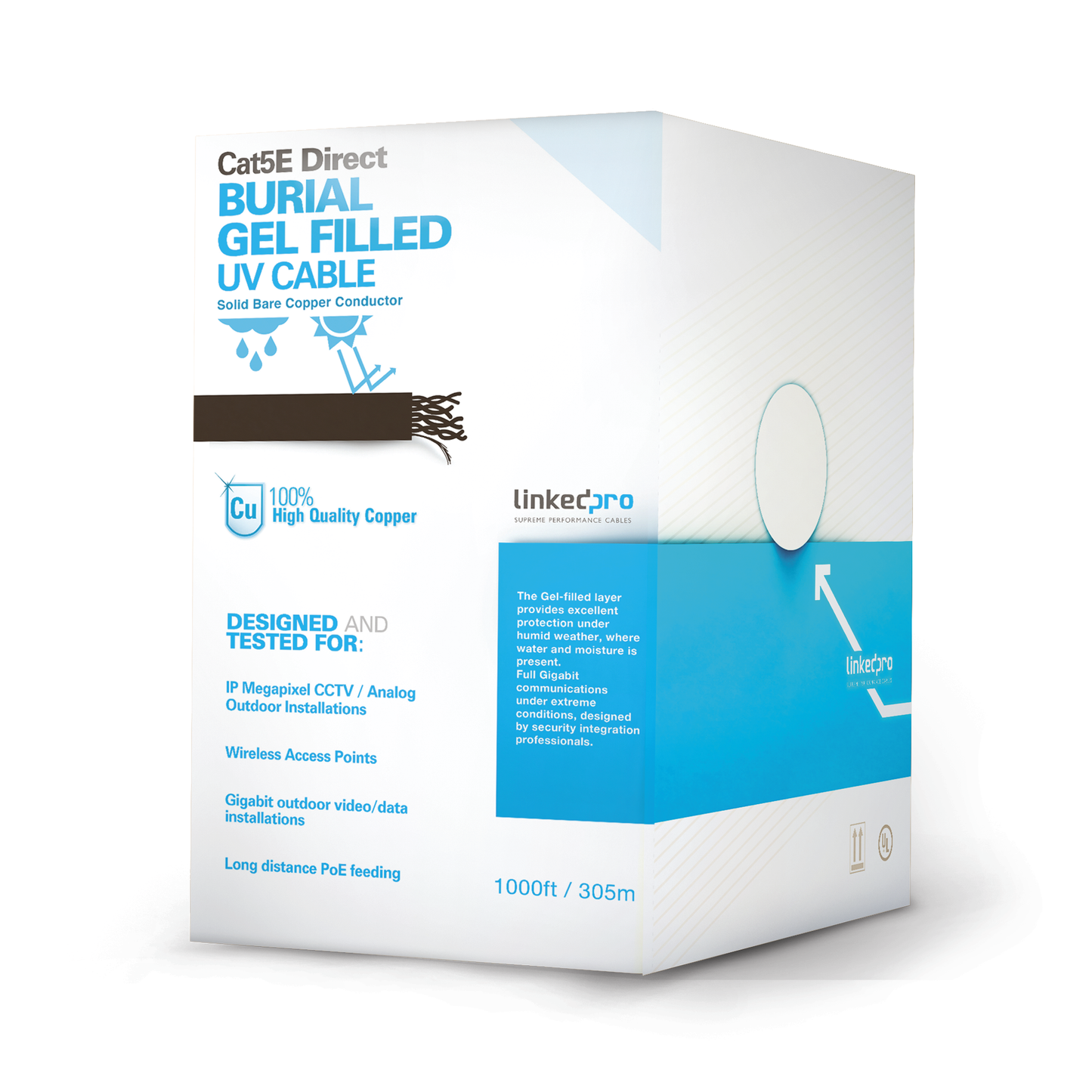 PRO-CAT-5E-GELX|Bobina de cable de 305 m, Cat5E, con gel, para intemperie, doble forro extrema humedad, bajo tierra, UL, color negro para aplicaciones en video vigilancia, y redes de alta velocidad.