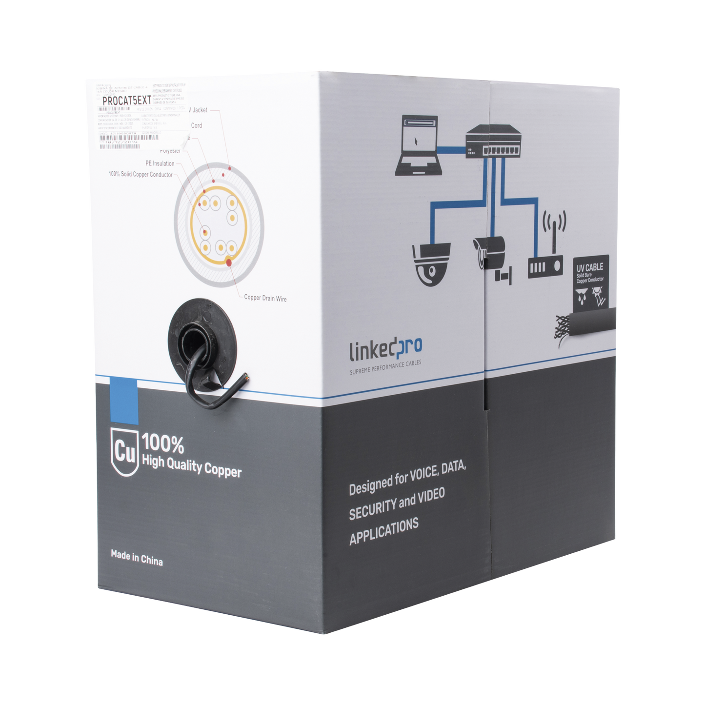 PRO-CAT-5-EXT|Bobina de cable de 305 m, Cat5e , FTP, blindado, color negro, UL, para aplicaciones en video vigilancia, redes de datos. Uso en Intemperie
