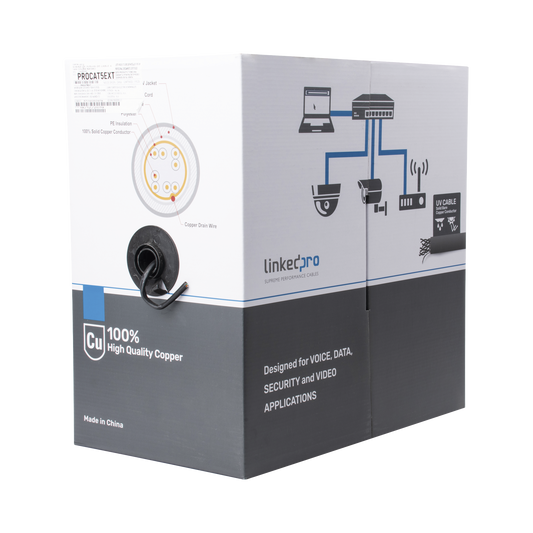 PRO-CAT-5-EXT|Bobina de cable de 305 m, Cat5e , FTP, blindado, color negro, UL, para aplicaciones en video vigilancia, redes de datos. Uso en Intemperie