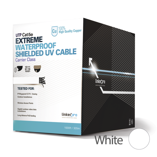 PRO-CAT5-EXT-LITEW|Bobina de cable de 305 m, Cat5e, para intemperie, sin blindar, color blanco, UL, para aplicaciones en CCTV, redes de datos.