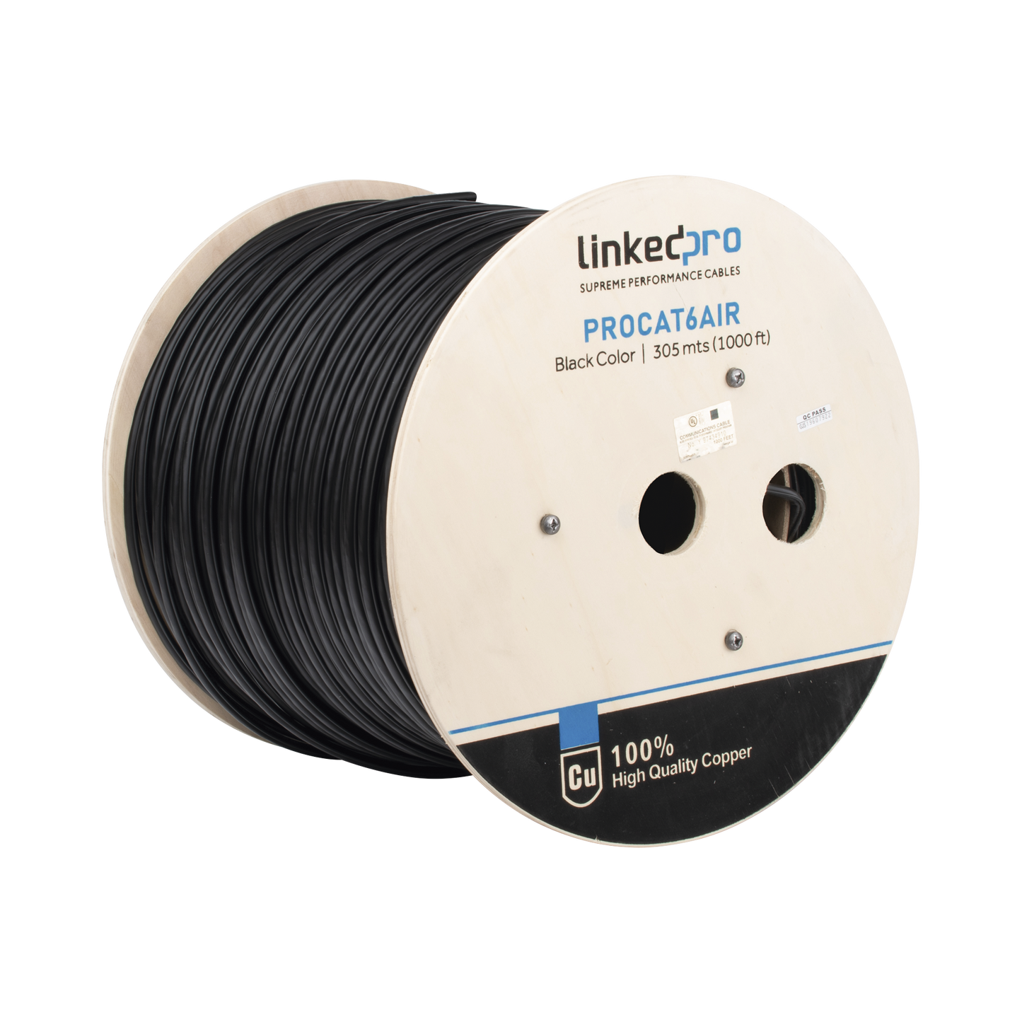 PRO-CAT-6-AIR|Bobina de cable FTP con Mensajero de Acero de 305 m Cat6+ CALIBRE 23, color negro, para aplicaciones en video vigilancia y redes de datos / Uso en Intemperie y aplicaciones A?®reas