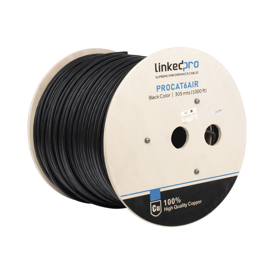 PRO-CAT-6-AIR|Bobina de cable FTP con Mensajero de Acero de 305 m Cat6+ CALIBRE 23, color negro, para aplicaciones en video vigilancia y redes de datos / Uso en Intemperie y aplicaciones A?®reas