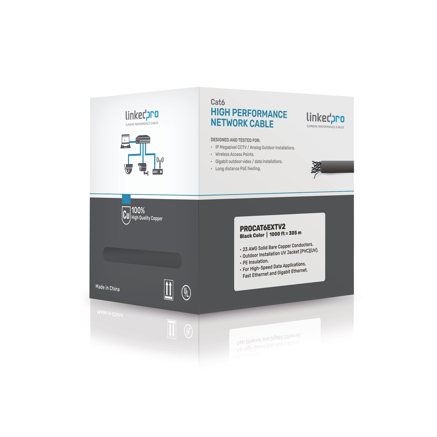 PRO-CAT-6-EXT-V2|Bobina de cable de 305 Metros Cat6+ CALIBRE 23 Exterior Blindado tipo FTP para CLIMAS EXTREMOS, UL, color Negro Función Easy-Pull"