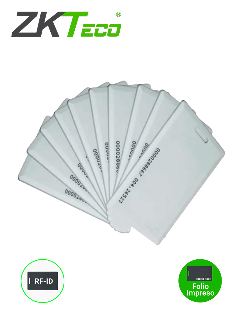 ZKTECO IDCARDKR2K - Paquete con 10 tarjetas compatibles con lectores RFID con frecuencia de 125 Khz / Tarjeta perforada de 1.88 mm de Grosor tipo clamshell para mayor alcance y m?ís resistencia / Folio impreso