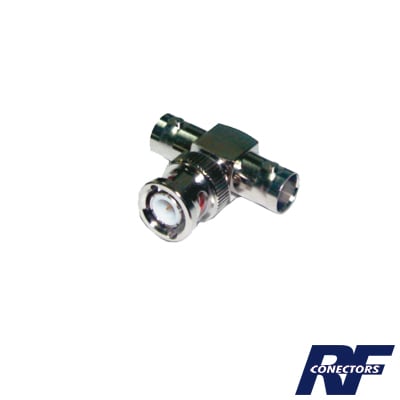 RFB-1130-1|Adaptador en T para 50 Ohm de BNC Macho a Doble BNC Hembra, Troquelado, Níquel/ Oro/ Delrin.