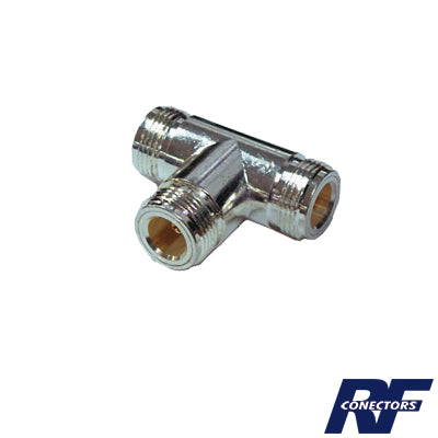 RFN-1011-1|Adaptador en T, Triple Conectores N Hembra, Plata/ Oro/ Teflón.