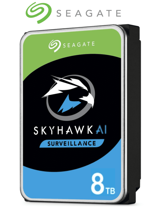 SEAGATE ST8000VE001- Disco Duro de 8TB SkyHawk AI/ Especial para Videovigilancia/ Compatibles con DVRs y NVRs con IA/ Hasta 32 Canales con IA/ Hasta 64 C?ímaras/ 235MB/s/ Hasta 16 Bah?¡as/