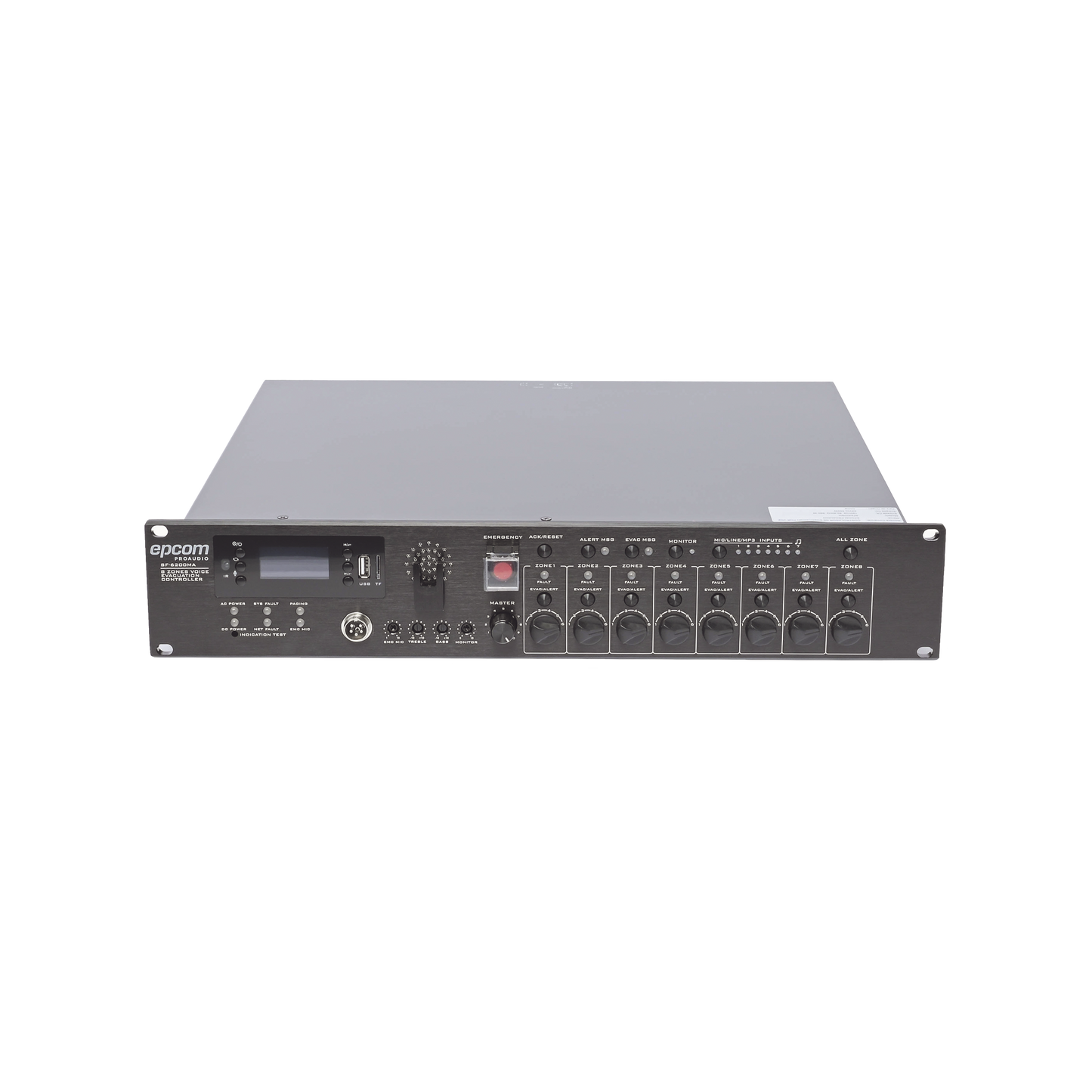 SF-6200MA|Controlador de Evacuación Por Voz | 500 W | 8 Zonas independientes | 4 entradas de audio y 2 entradas de micrófono