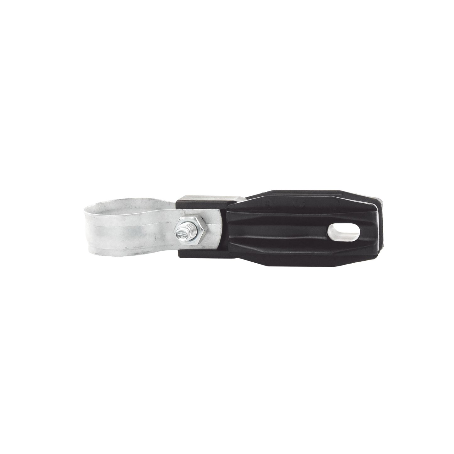 SFABRAZADERA|Aislador de paso o esquina con abrazadera incluida de 33-38mm para uso en tubería de malla ciclónica.
