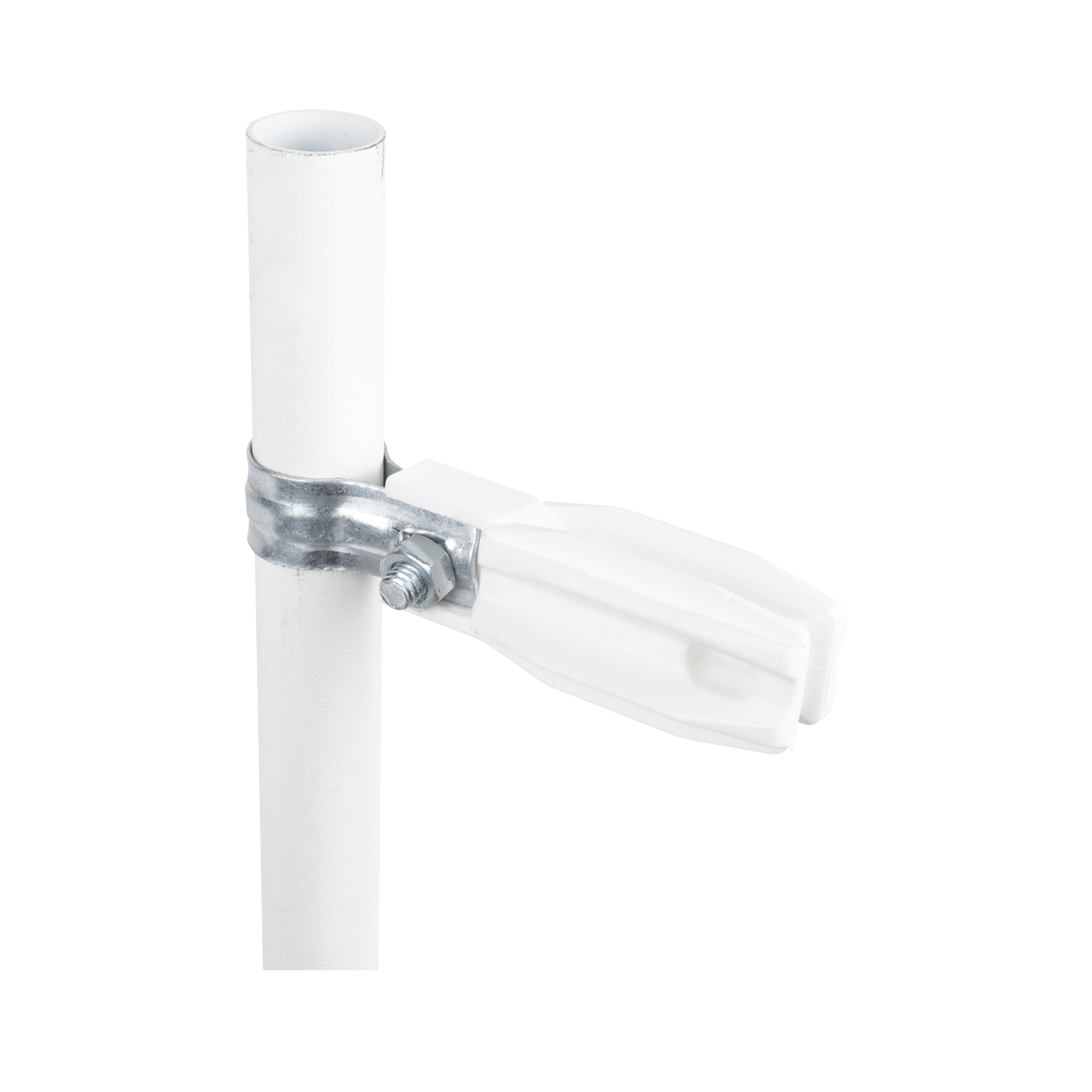 SFABRAZADERA1PW|Aislador de paso o esquina de color BLANCO con abrazadera incluida de 1 Pulgada para uso en poste cerco eléctrico