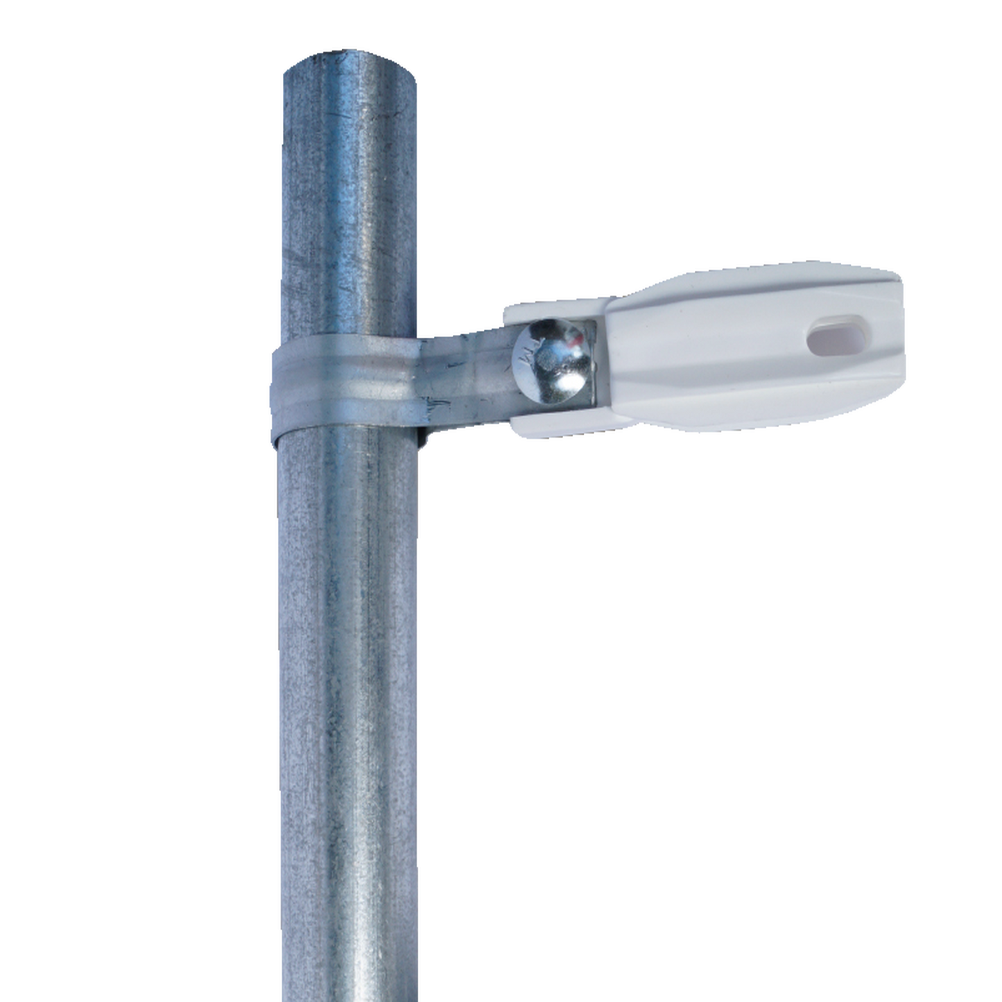 SFABRAZADERAW|Aislador de paso o esquina de color Blanco con abrazadera incluida de 33-38mm para uso en tubería de malla ciclónica.