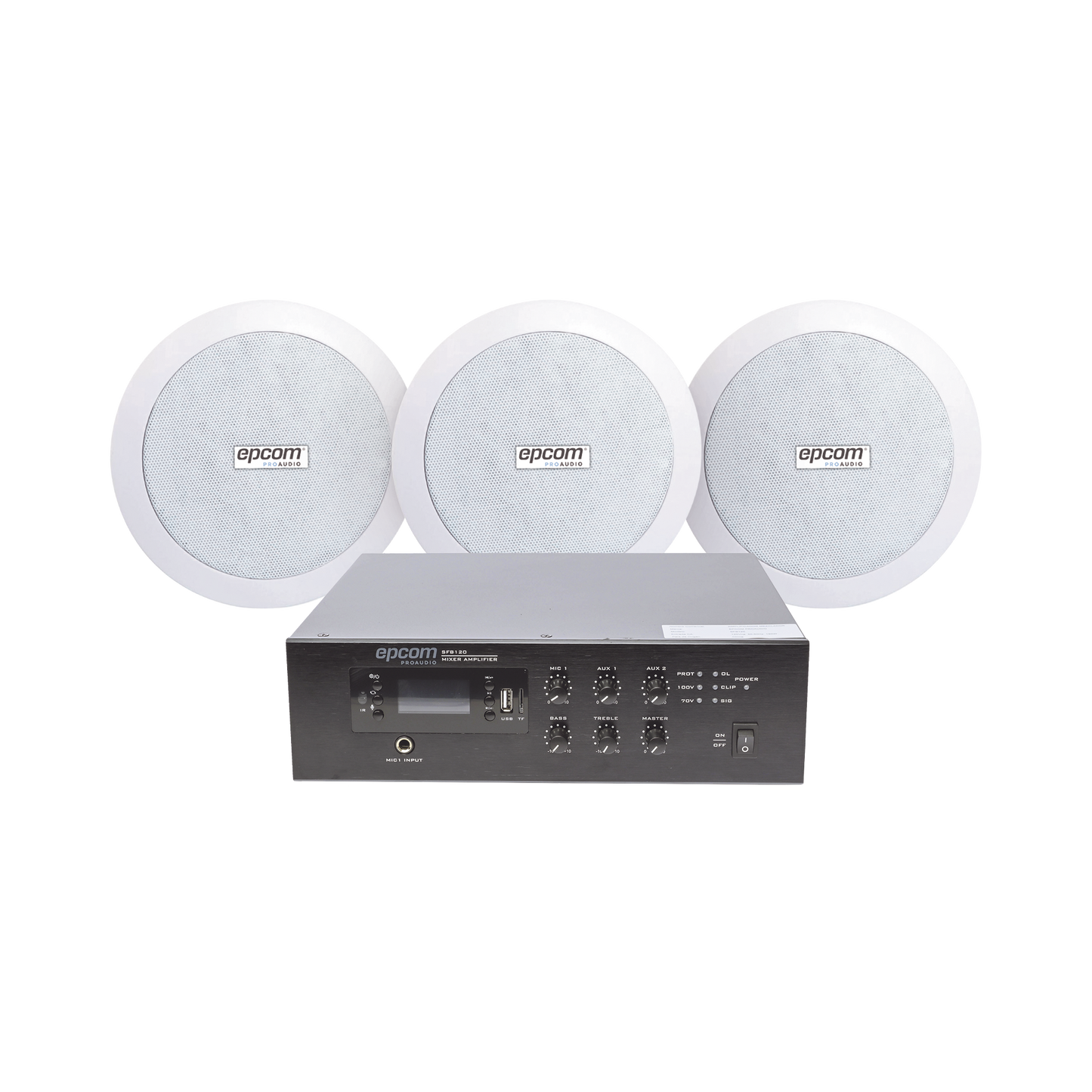 SFB120/3CS|KIT de Amplificador de 120W para Escritorio | 3 Altavoces de Plafón de 5.5in | 3.75 - 30W | Sistema 70/100V