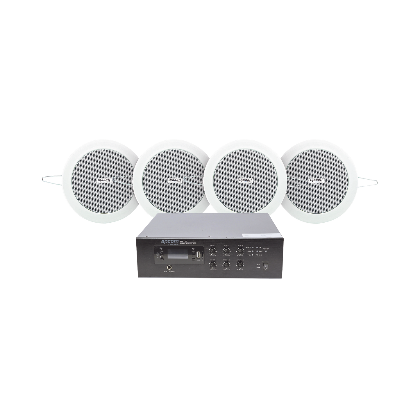 SFB120/4CS|KIT de Amplificador de 120W para Escritorio | 4 Altavoces de Plaf??n de 4in | 3 - 6W | Sistema 70/100V