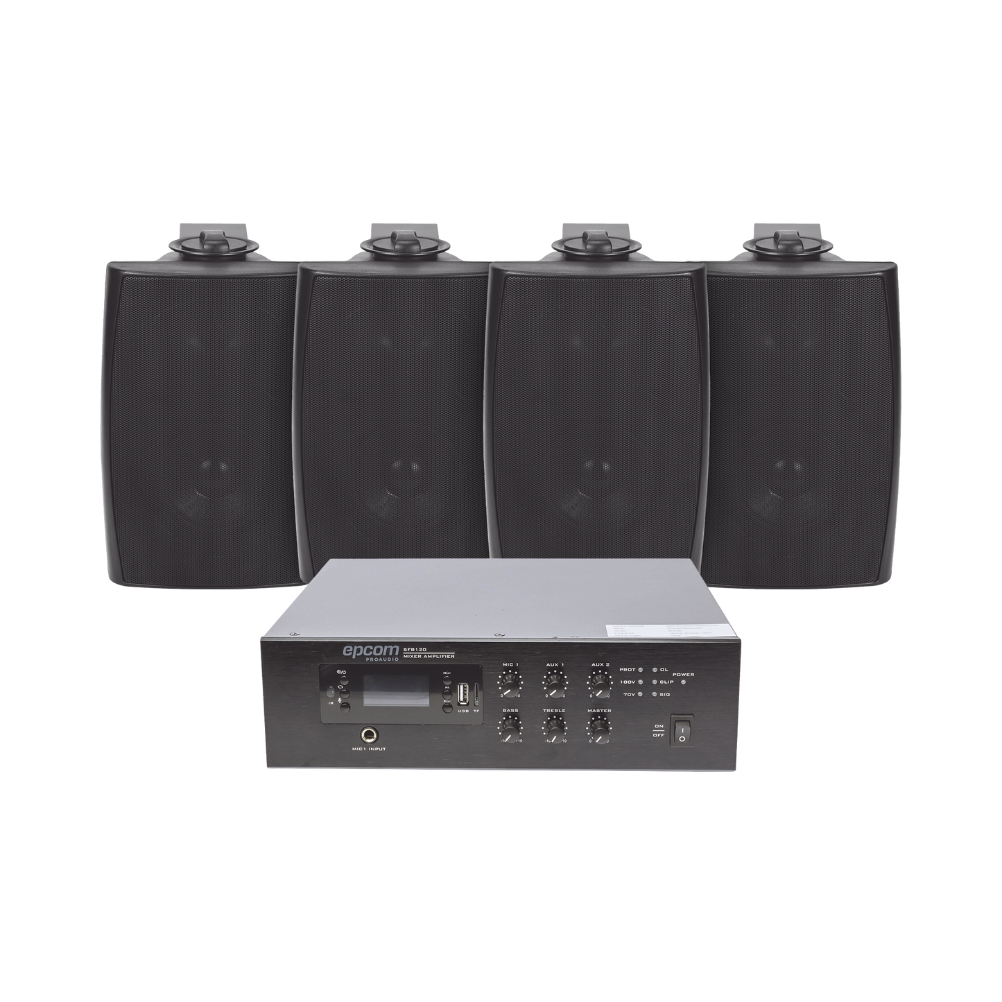 SFB120/4WS|KIT de Amplificador de 120W para Escritorio | 4 Altavoces de Pared color Negro 2.5W - 20W | Sistema 70/100V