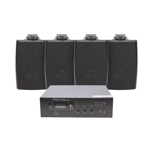 SFB120/4WS|KIT de Amplificador de 120W para Escritorio | 4 Altavoces de Pared color Negro 2.5W - 20W | Sistema 70/100V