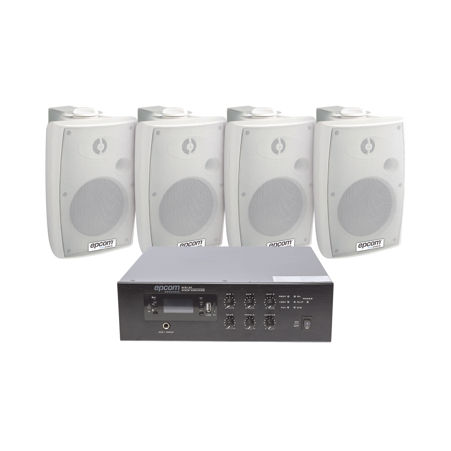 SFB120/4WSW|KIT de Amplificador de 120W para Escritorio | 4 Altavoces de Pared color Blanco 2.5W - 20W | Sistema 70/100V