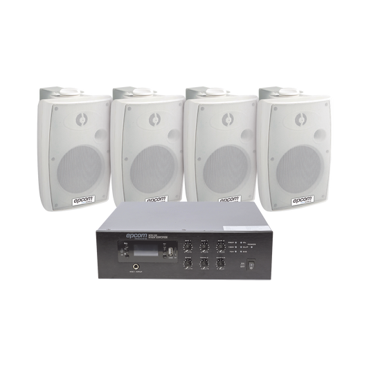 SFB120/4WSW|KIT de Amplificador de 120W para Escritorio | 4 Altavoces de Pared color Blanco 2.5W - 20W | Sistema 70/100V