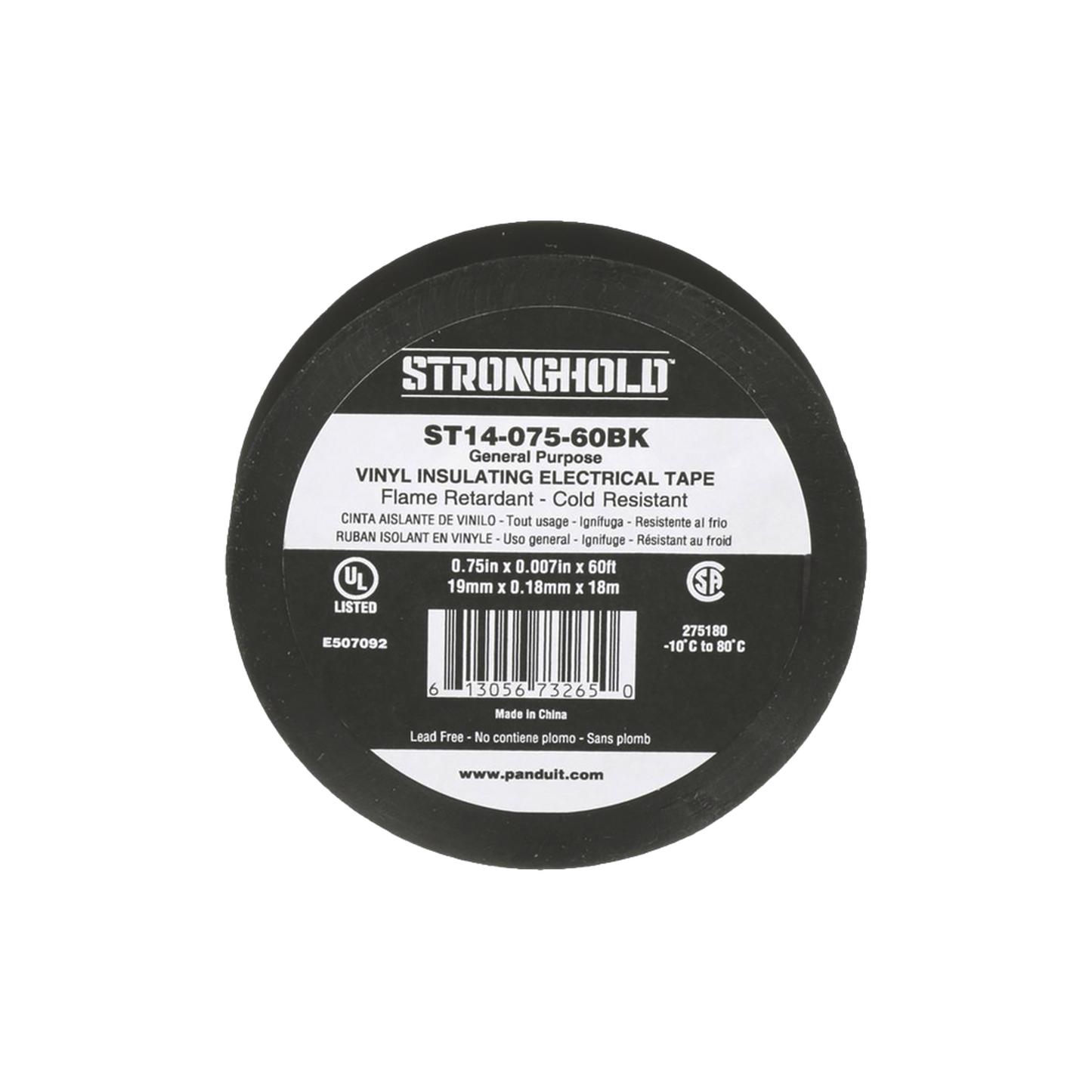 ST14-075-60BK|Cinta Eléctrica STRONGHOLD para Aislar, de PVC, Uso General Reparación y Mantenimiento, Grosor de 0.18mm (7 mil), Ancho de 19mm, y 18m de Largo, Color Negro