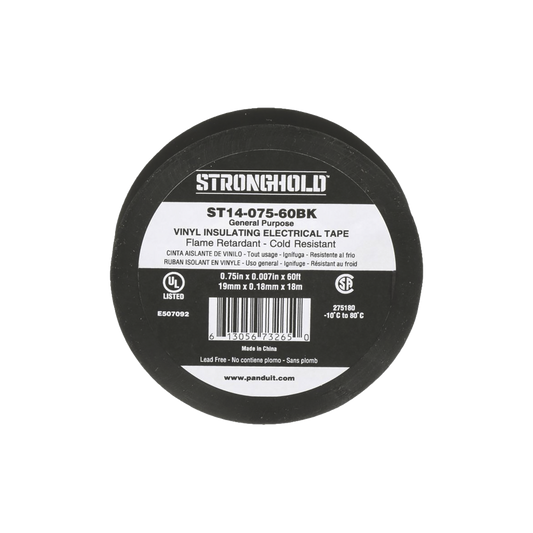 ST14-075-60BK|Cinta Eléctrica STRONGHOLD para Aislar, de PVC, Uso General Reparación y Mantenimiento, Grosor de 0.18mm (7 mil), Ancho de 19mm, y 18m de Largo, Color Negro