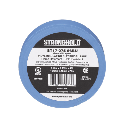 ST17-075-66BU|Cinta Eléctrica STRONGHOLD para Aislar, de PVC, Uso General Reparación y Mantenimiento, Grosor de 0.18mm (7 mil), Ancho de 19mm, y 20.12m de Largo, Color Azul