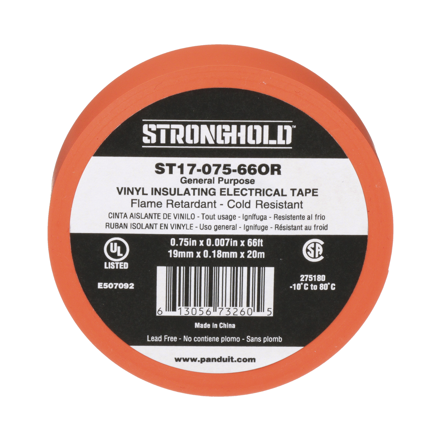 ST17-075-66OR|Cinta Eléctrica STRONGHOLD para Aislar, de PVC, Uso General Reparación y Mantenimiento, Grosor de 0.18mm (7 mil), Ancho de 19mm, y 20.12m de Largo, Color Naranja
