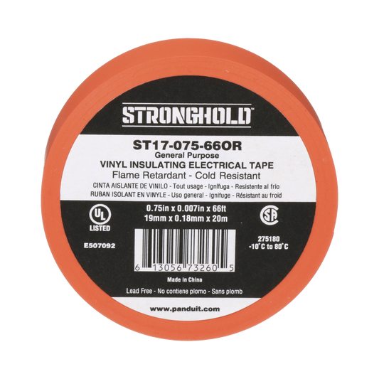 ST17-075-66OR|Cinta Eléctrica STRONGHOLD para Aislar, de PVC, Uso General Reparación y Mantenimiento, Grosor de 0.18mm (7 mil), Ancho de 19mm, y 20.12m de Largo, Color Naranja