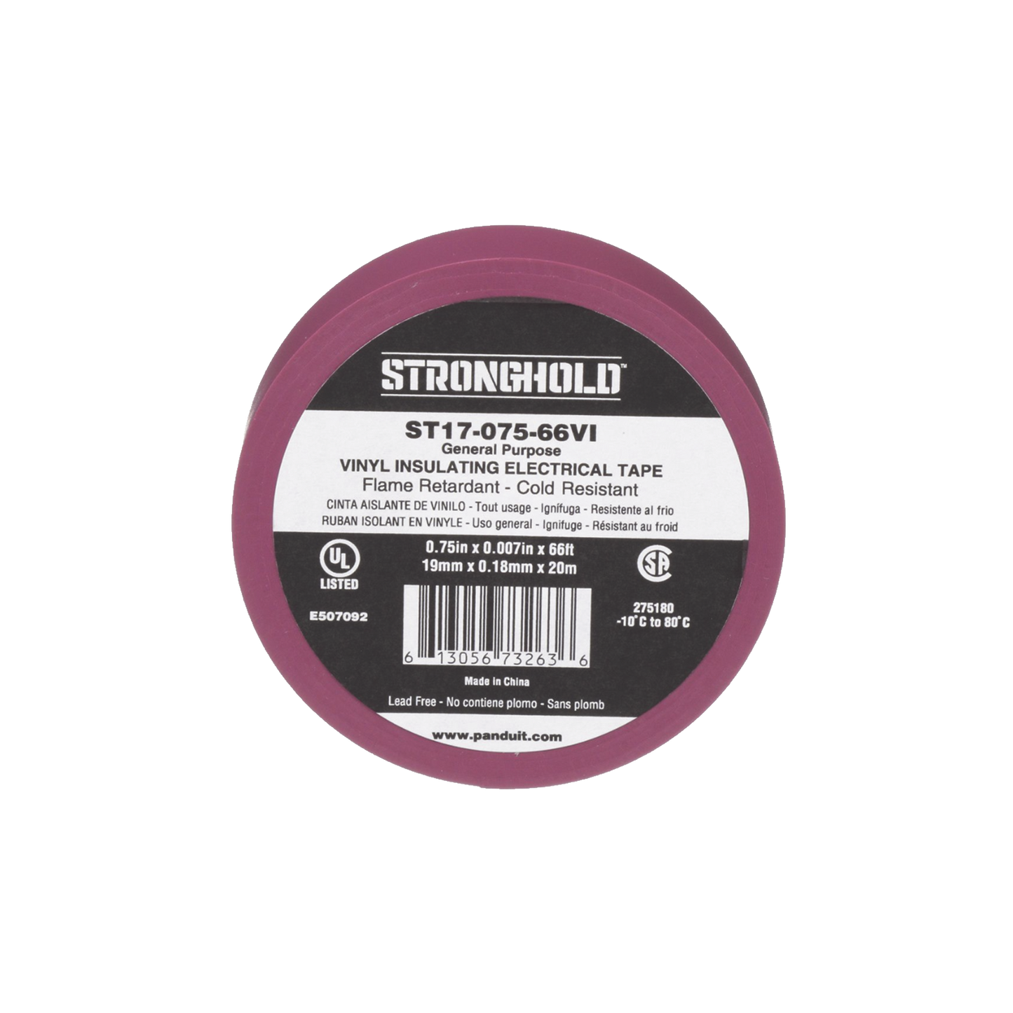 ST17-075-66VI|Cinta Eléctrica STRONGHOLD para Aislar, de PVC, Uso General Reparación y Mantenimiento, Grosor de 0.18mm (7 mil), Ancho de 19mm, y 20.12m de Largo, Color Violeta