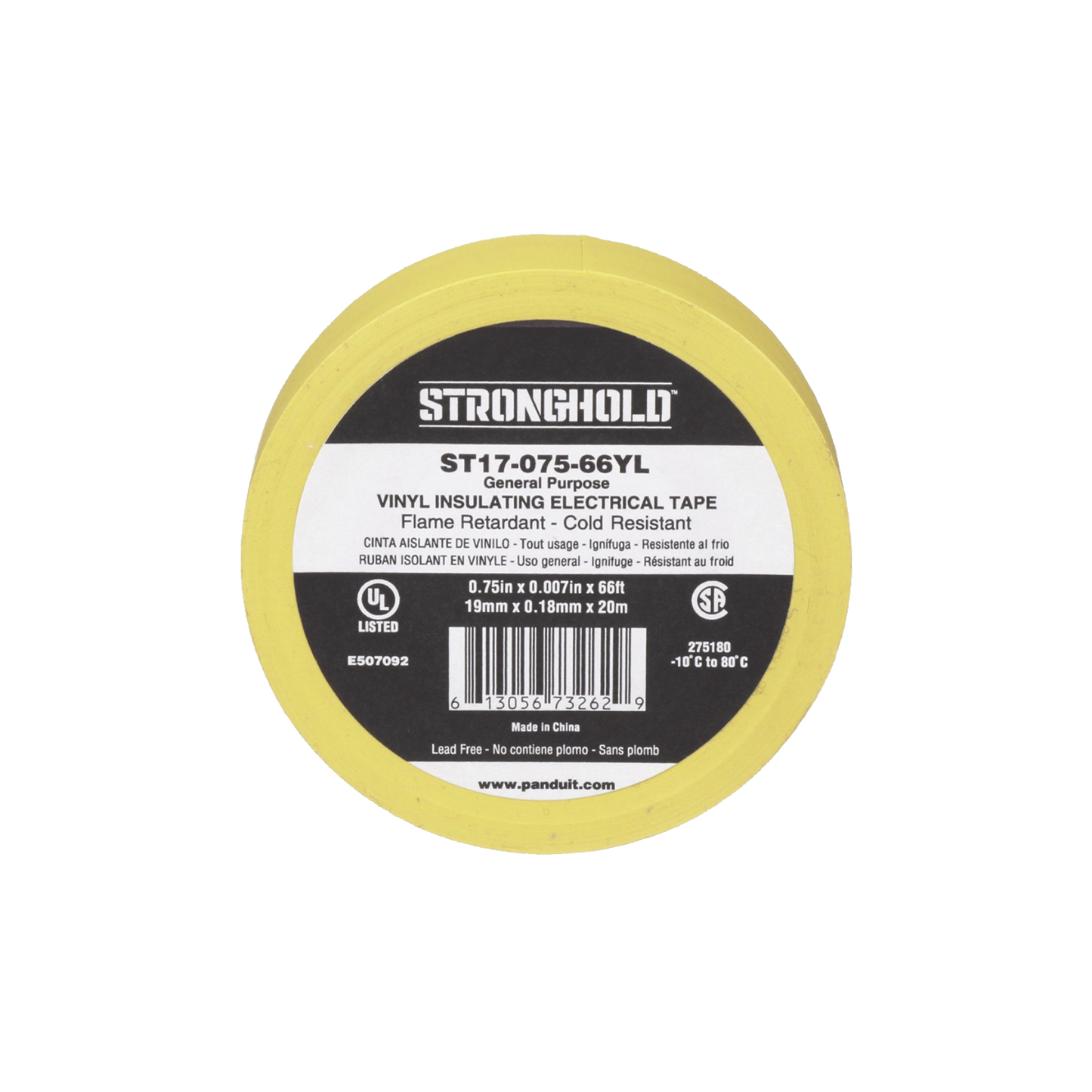 ST17-075-66YL|Cinta Eléctrica STRONGHOLD para Aislar, de PVC, Uso General Reparación y Mantenimiento, Grosor de 0.18mm (7 mil), Ancho de 19mm, y 20.12m de Largo, Color Amarillo