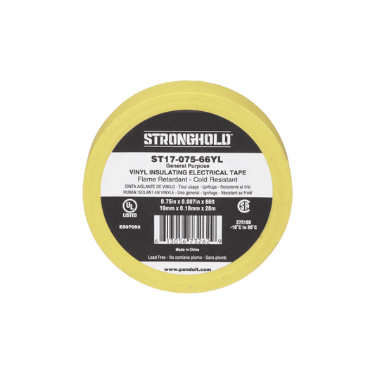 ST17-075-66YL|Cinta Eléctrica STRONGHOLD para Aislar, de PVC, Uso General Reparación y Mantenimiento, Grosor de 0.18mm (7 mil), Ancho de 19mm, y 20.12m de Largo, Color Amarillo