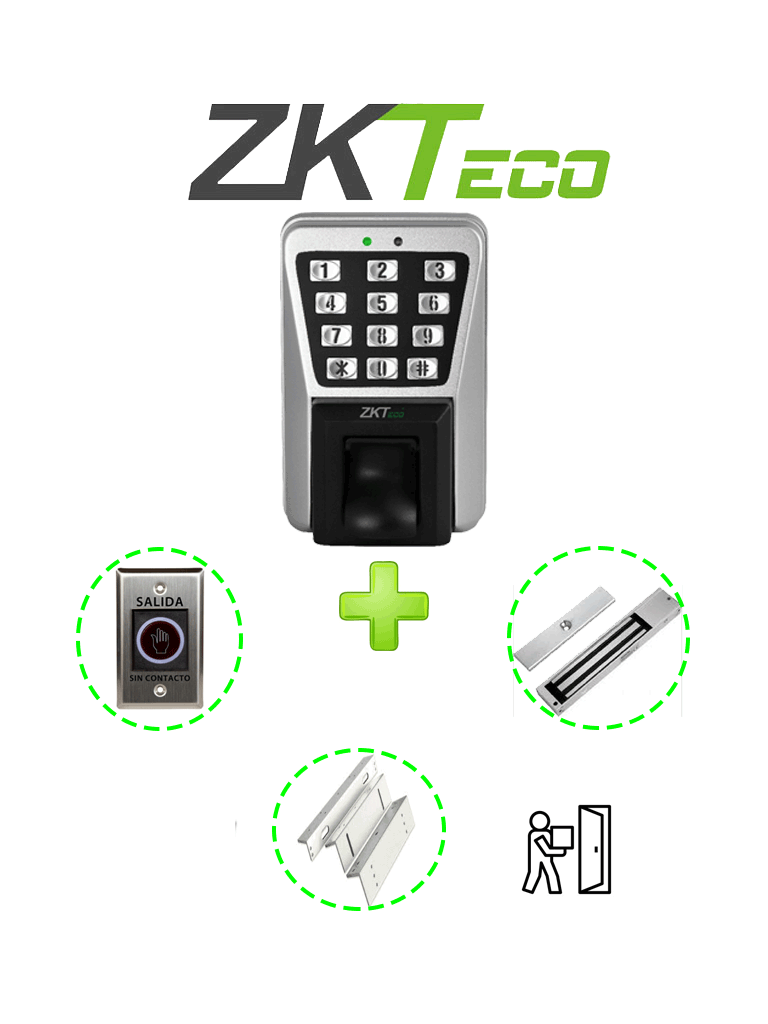 ZKTECO MA500PAK - Control de Acceso Profesional de Huella / Tarjeta y Password para Exterior con IP65 / Incluye Contrachapa Magn?®tica LM2805 de 200Kg / Soporte de Fijaci??n ZL / Bot??n de Salida No Touch