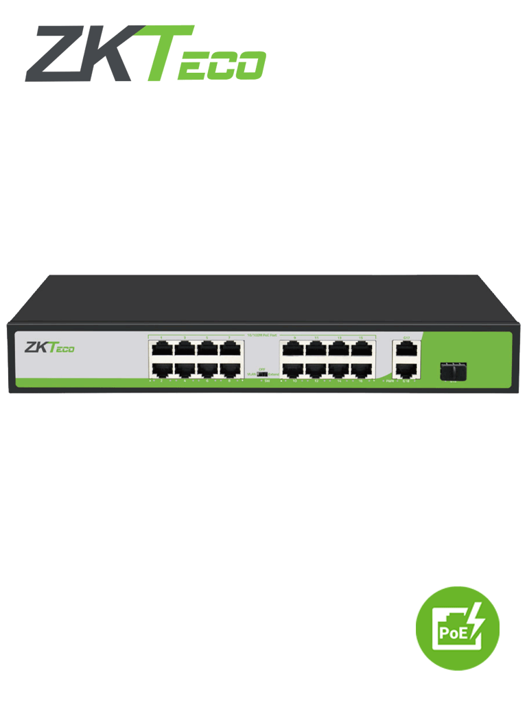 ZKTECO PE162200C - Switch 16 Puertos RJ45 10/100 Mbps con PoE AF/ AT + 2 Puertos 10/100/1000Mbps + 1 Puerto SFP / Soporta hasta 250mts sobre UTP CAT 6 / Protecci??n Contra Descargas / NO Administrable