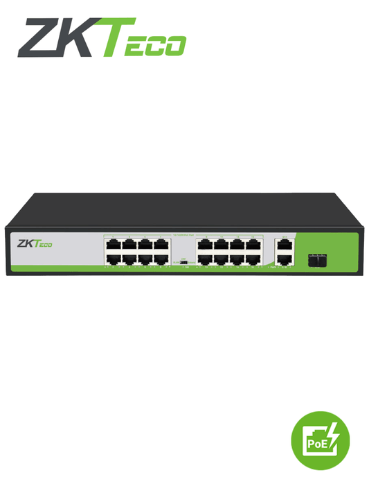 ZKTECO PE162200C - Switch 16 Puertos RJ45 10/100 Mbps con PoE AF/ AT + 2 Puertos 10/100/1000Mbps + 1 Puerto SFP / Soporta hasta 250mts sobre UTP CAT 6 / Protecci??n Contra Descargas / NO Administrable
