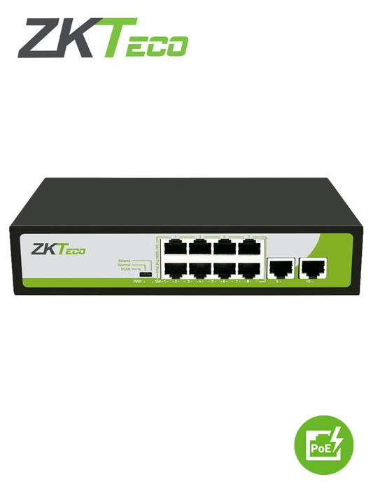ZKTECO PE082120C- Switch de 8 Puertos Fast Ethernet/ 8 Puertos PoE 10/100 / 2 Puertos 10/100 / Soporta hasta 250mts sobre UTP CAT 6 / Protecci??n Contra Descargas / NO Administrable
