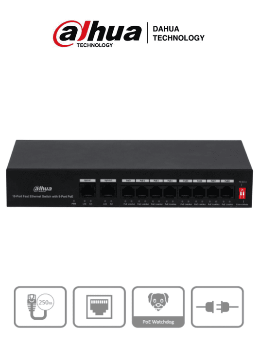 DAHUA PFS3010-8ET-65 - Switch Poe de 10 Puertos Fast Ethernet/ 8 Puertos Poe/ 2 Puertos Uplink/ 65 Watts Totales/ Soporta PoE Watchdog/ Switching 2.0 Gbps/ Con Protecci??n de Descargas/