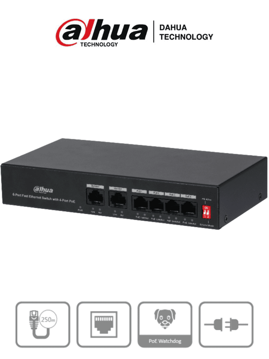 DAHUA PFS3006-4ET-36 - Switch PoE de 6 Puertos Fast Ethernet/4 Puertos PoE 10/100/ 2 Puertos uplink 10/100/ 36 Watts Totales/ Switching 1.2 Gbps/ Tasa de Reenvio de Paquetes .89 Mbps/ con Protecci??n de Descargas/