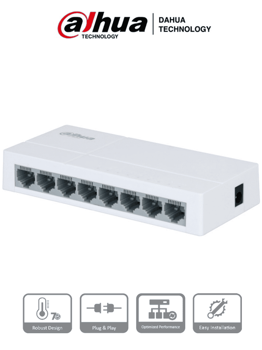 DAHUA PFS3008-8ET-L - Switch para Escritorio de 8 Puertos Fast Ethernet/ 10/100/ Diseno Compacto/ Capa 2/ switching 1.6 Gbps/ Velocidad de Reenvio de Paqutes 1.19 Mbps/