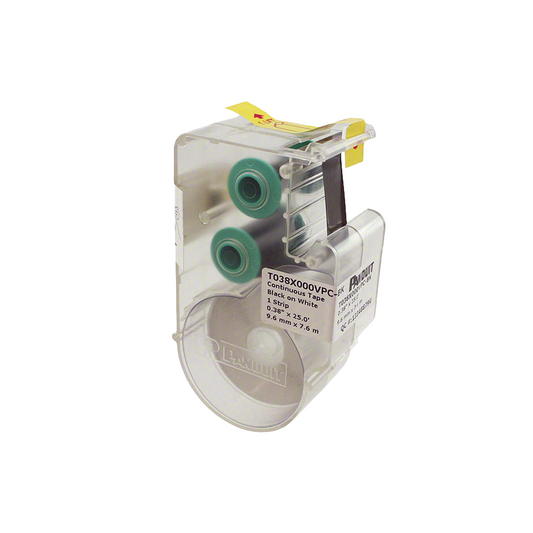 T038X000VPC-BK|Casete de Etiquetas de Vinilo de Cinta Continua, Color Negro Sobre Blanco, Uso Interior/Exterior, 9.65 mm de Ancho x 7.6 Metros de Largo