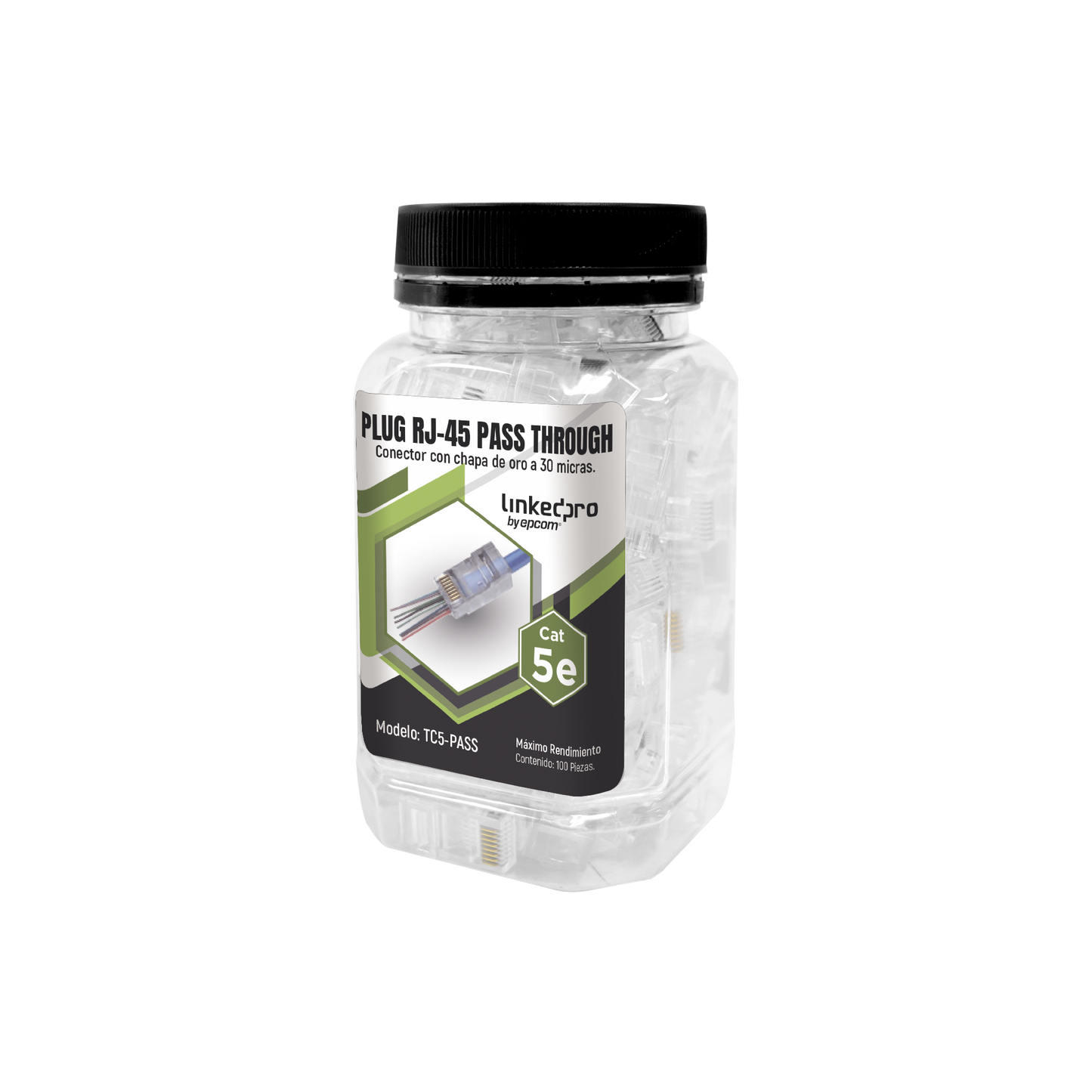 TC5-PASS|Bote con 100 Plugs Pass through RJ45 Cat5e sin blindaje, chapado de oro a 30 micras para durabilidad extrema