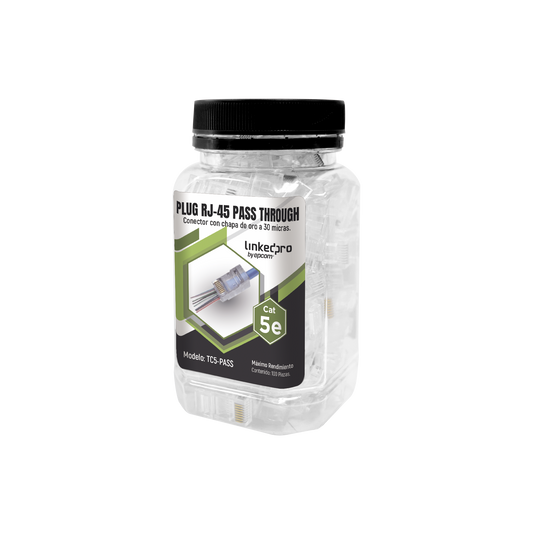 TC5-PASS|Bote con 100 Plugs Pass through RJ45 Cat5e sin blindaje, chapado de oro a 30 micras para durabilidad extrema