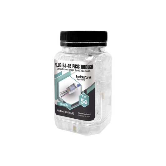 TC5S-PASS|Bote con 100 Plugs Pass through RJ45 Cat5e BLINDADO, chapado de oro a 30 micras para durabilidad extrema