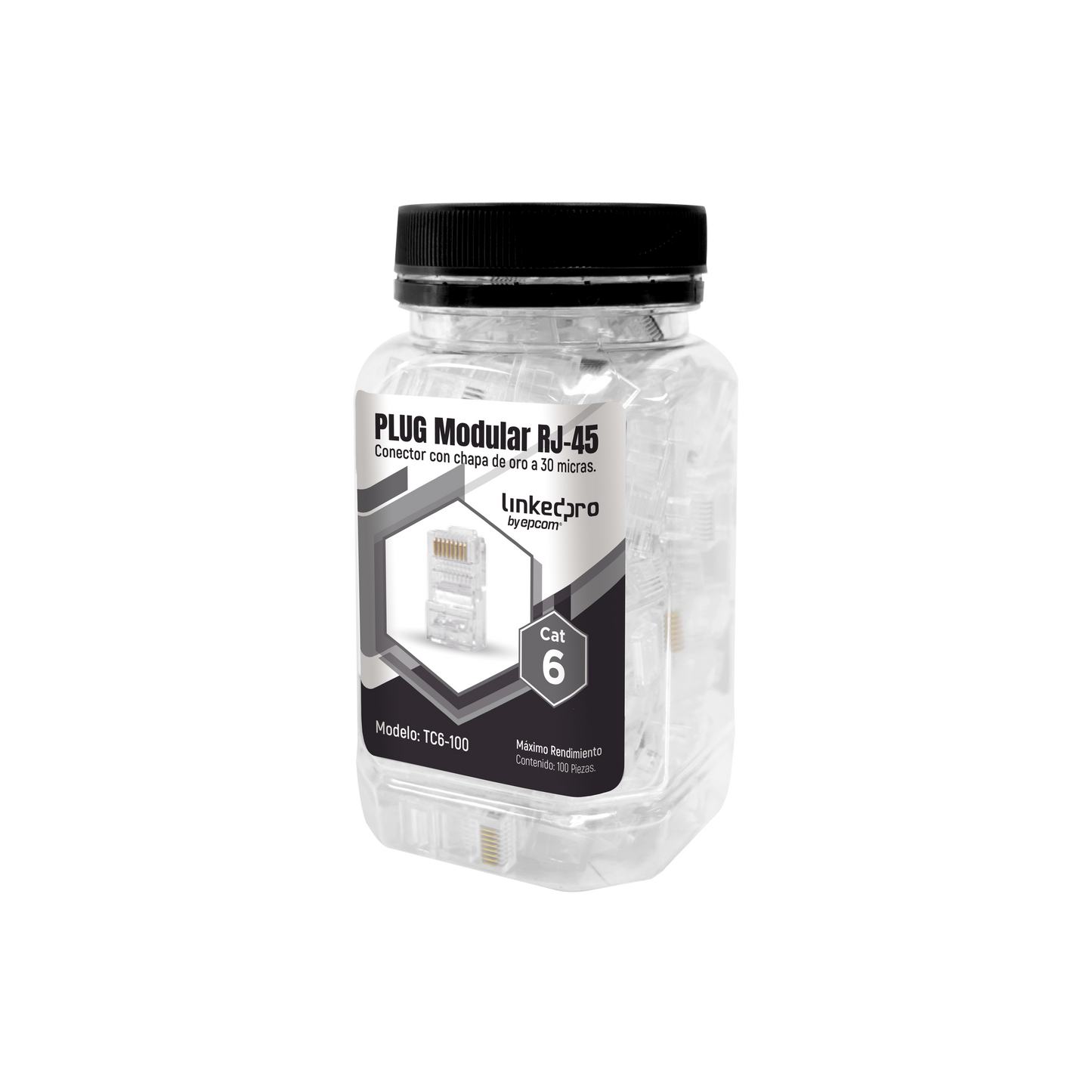 TC6-100|Bote con 100 Piezas de Plug Modular RJ45 Cat6 sin blindaje, chapado de oro a 30 micras para durabilidad extrema